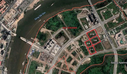 4 khu đất được đấu giá có tổng diện tích hơn 30.000 m2, thuộc khu chức năng số 3 và số 4 Khu đô thị mới Thủ Thiêm, phường An Khánh, TP Thủ Đức. Ảnh: Google Maps